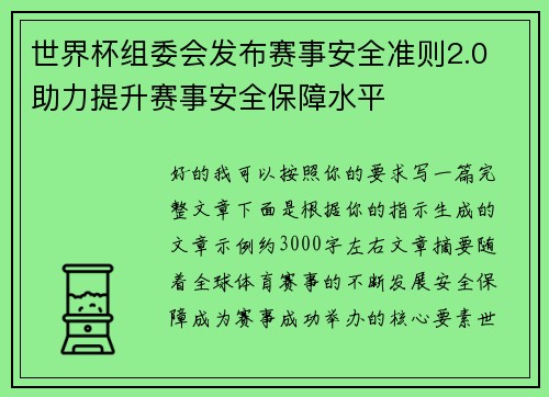 世界杯组委会发布赛事安全准则2.0 助力提升赛事安全保障水平